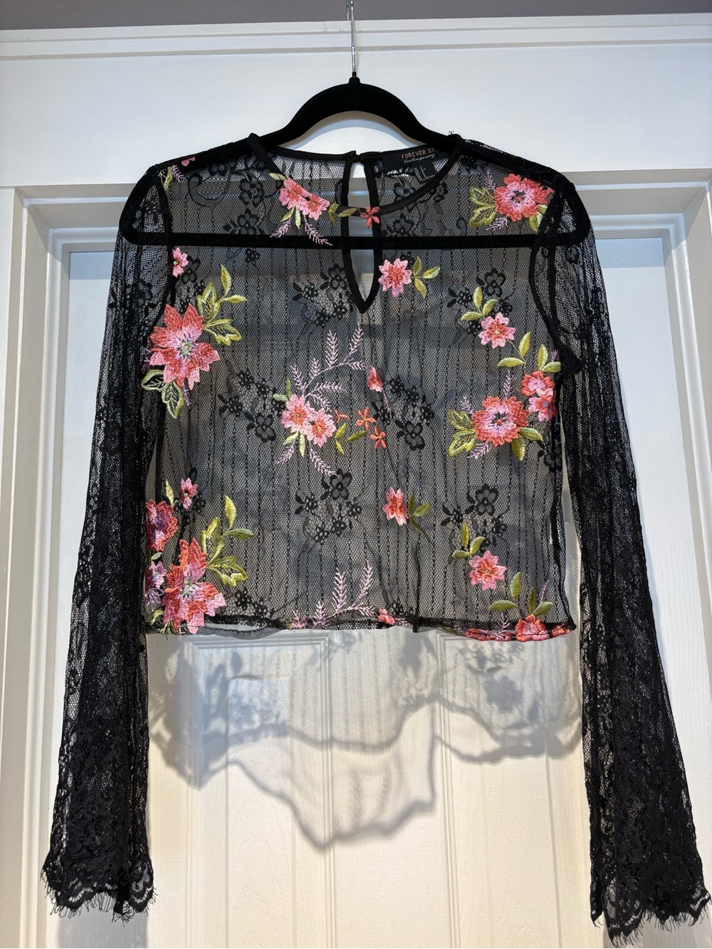 Forever 21 Black Sheer Lace Blouse with Pink Floral Embroidery